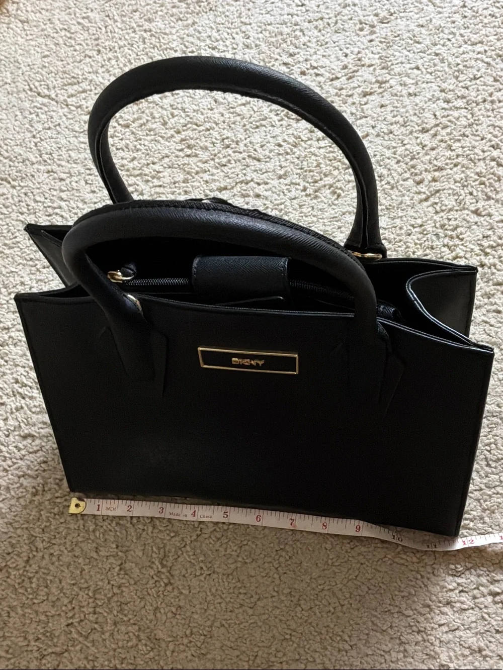 DKNY Black Saffiano Leather Satchel with Gold Hardware